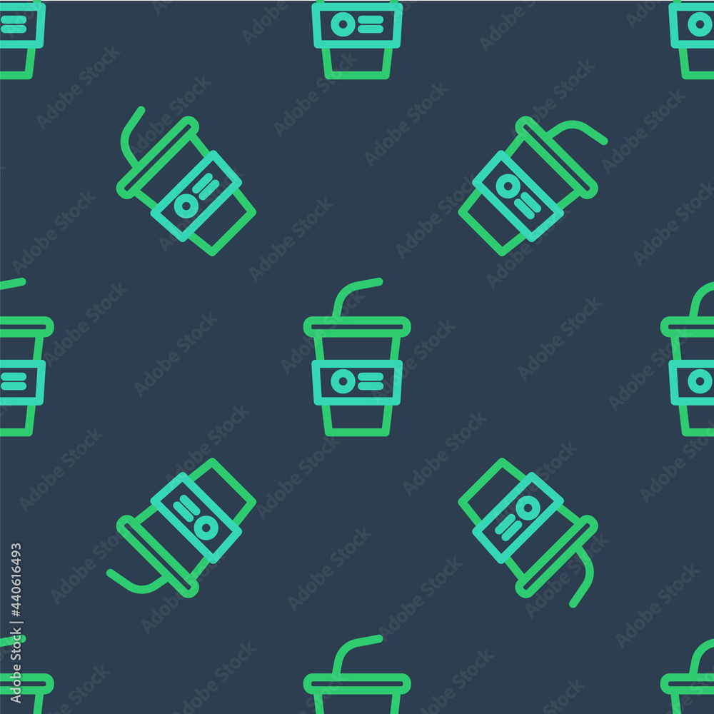 Line Paper glass with drinking straw and water icon isolated seamless pattern on blue background. Soda drink glass. Fresh cold beverage symbol. Vector Line Paper glass with drinking straw and water icon isolated seamless pattern on blue background. Soda drink glass. Fresh cold beverage symbol. Vector