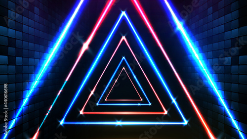 abstract futuristic background of blue neon triangle frame and lighting spotlgiht stage background