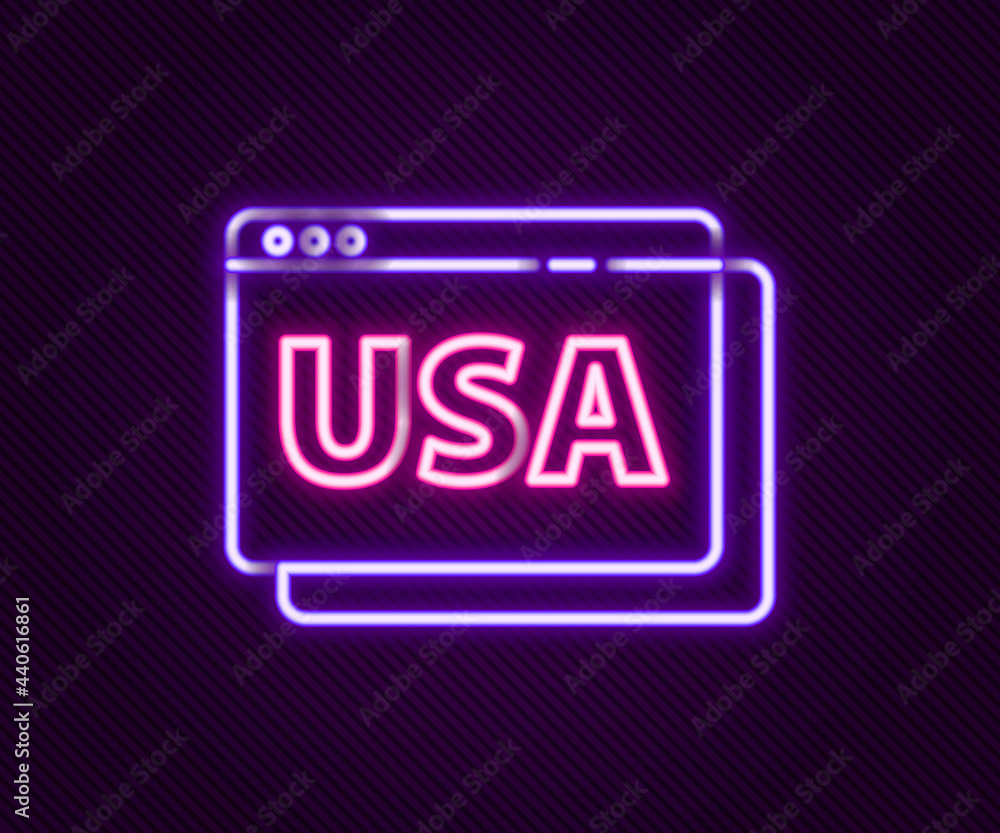 Glowing neon line USA United states of america on browser icon isolated on black background. Colorful outline concept. Vector Glowing neon line USA United states of america on browser icon isolated on black background. Colorful outline concept. Vector
