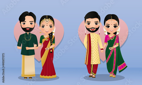 Set of Cute couple in traditional indian dress cartoon characters bride and groom.Wedding invitations card.