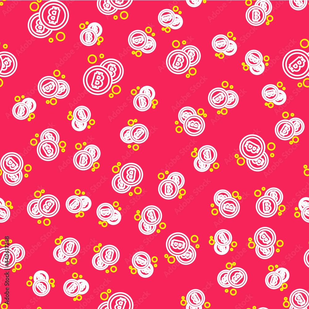 Line Cryptocurrency coin Bitcoin icon isolated seamless pattern on red background. Physical bit coin. Blockchain based secure crypto currency. Vector Line Cryptocurrency coin Bitcoin icon isolated seamless pattern on red background. Physical bit coin. Blockchain based secure crypto currency. Vector