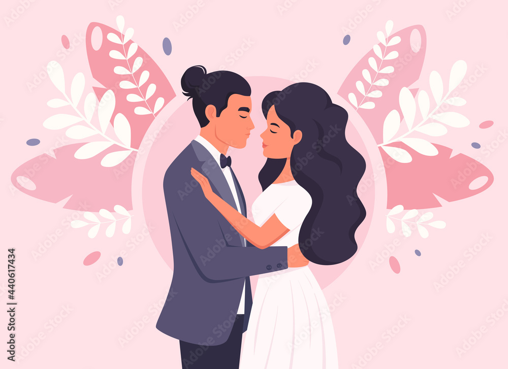 Wedding couple. Man and woman getting married, newlyweds. Wedding portrait. Vector illustration Wedding couple. Man and woman getting married, newlyweds. Wedding portrait. Vector illustration