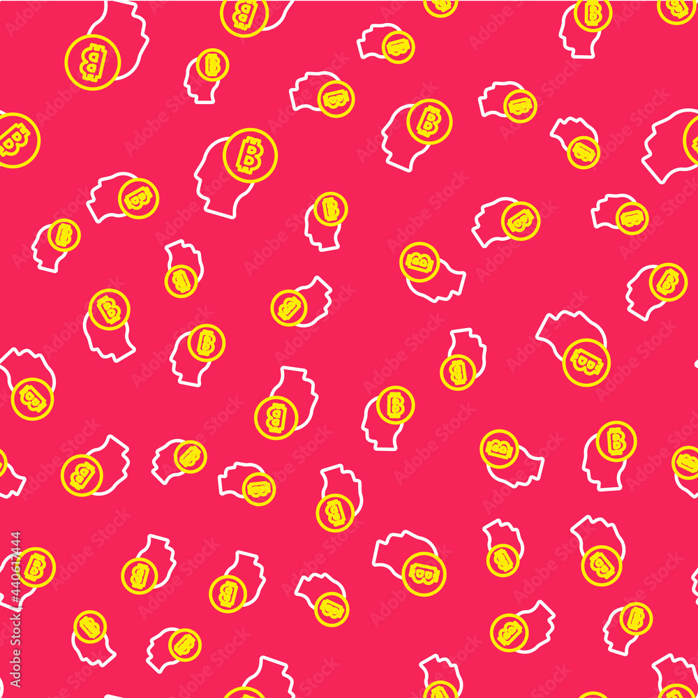 Line Bitcoin think icon isolated seamless pattern on red background. Cryptocurrency head. Blockchain technology, digital money market, cryptocoin wallet. Vector Line Bitcoin think icon isolated seamless pattern on red background. Cryptocurrency head. Blockchain technology, digital money market, cryptocoin wallet. Vector