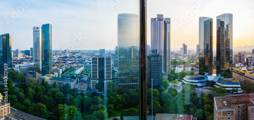 From the window with sunset in Frankfurt skyline