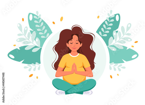 Pregnant woman meditating in lotus pose. Healthy pregnancy concept. Vector illustration
