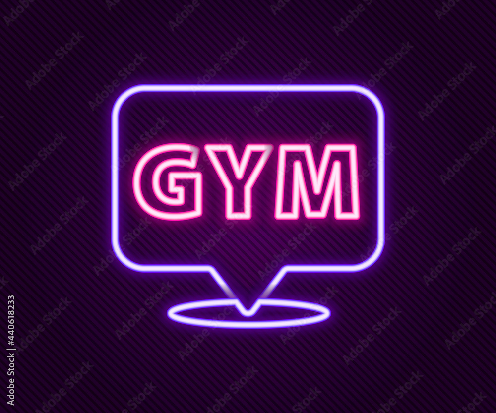 Glowing neon line Location gym icon isolated on black background. Colorful outline concept. Vector Glowing neon line Location gym icon isolated on black background. Colorful outline concept. Vector