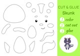 Color, cut and glue paper little skunk. Cut and paste crafts activity page. Educational game for preschool children. DIY worksheet. Kids logic game, puzzle. Vector stock illustration.