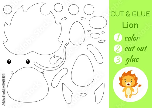 Color, cut and glue paper little lion. Cut and paste crafts activity page. Educational game for preschool children. DIY worksheet. Kids logic game, puzzle. Vector stock illustration.