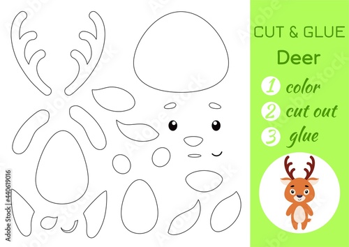 Color, cut and glue paper little deer. Cut and paste crafts activity page. Educational game for preschool children. DIY worksheet. Kids logic game, puzzle. Vector stock illustration.