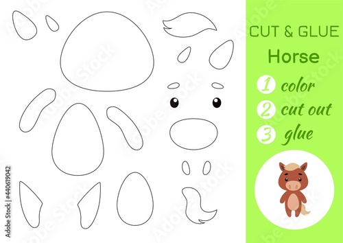 Color, cut and glue paper little horse. Cut and paste crafts activity page. Educational game for preschool children. DIY worksheet. Kids logic game, puzzle. Vector stock illustration.