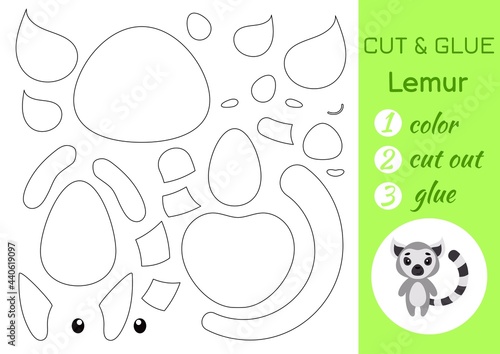 Color, cut and glue paper little lemur. Cut and paste crafts activity page. Educational game for preschool children. DIY worksheet. Kids logic game, puzzle. Vector stock illustration.
