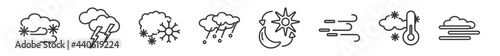 outline set of weather line icons. linear vector icons such as blizzard, light bolt, snowing, hail, daytime, blanket of fog. vector illustration.