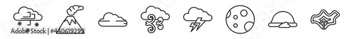 outline set of weather line icons. linear vector icons such as snow storms, volcano, foggy day, wind, light bolt, isobars. vector illustration.