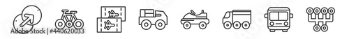 outline set of transport line icons. linear vector icons such as transition, bicycle side view, plane tickets, loaded truck side view, go kart, gearshift. vector illustration.