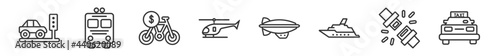 outline set of transport line icons. linear vector icons such as car traffic, public transport, bicycle rental, small helicopter, blimp, taxi transportation car from frontal view. vector