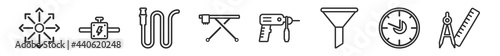 outline set of tools and utensils line icons. linear vector icons such as radial, engine with lighting bolt, hosepipe tool to extinguish fire or gardening, iron board, hammer drill, compass and