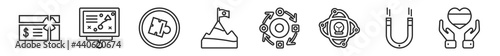outline set of startup line icons. linear vector icons such as gift voucher, strategy sketch, jigsaw, overcome, adaptation, care. vector illustration.