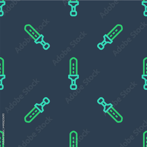Line Medieval sword icon isolated seamless pattern on blue background. Medieval weapon. Vector
