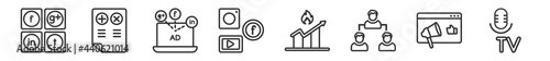 outline set of social media marketing line icons. linear vector icons such as net, pros and cons, ad, ads, trending, mass media. vector illustration.