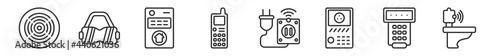 outline set of smart home line icons. linear vector icons such as fire alarm, virtual reality, smart home console, dial, smart switch, toilet. vector illustration.