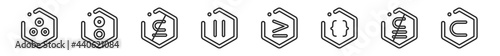 outline set of signs line icons. linear vector icons such as therefore, reason, is not a subset, is parallel to, is greater than or equal to, a subset of. vector illustration.