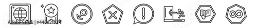 outline set of signs line icons. linear vector icons such as world grid, superior, male gender, cross, exclamation, infinity. vector illustration.