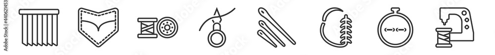 outline set of sew line icons. linear vector icons such as pleat, jeans pocket, bobbin, threading, sewing needles, sewing clip art. vector illustration.