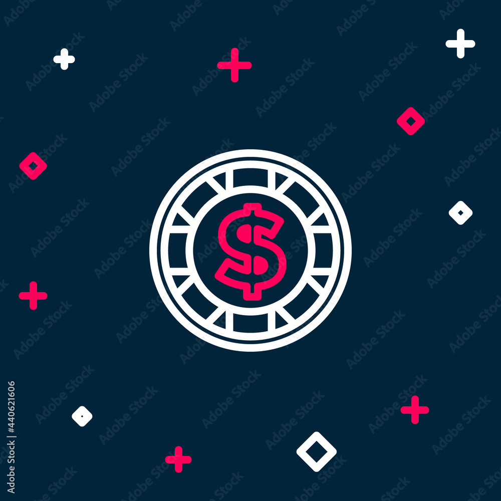 Line Casino chip with dollar symbol icon isolated on blue background. Casino gambling. Colorful outline concept. Vector Line Casino chip with dollar symbol icon isolated on blue background. Casino gambling. Colorful outline concept. Vector