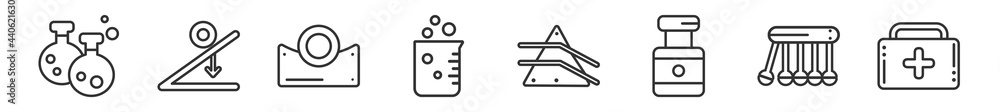 Obraz premium outline set of science line icons. linear vector icons such as flasks, newton, concave, beaker, refraction, medicines. vector illustration.
