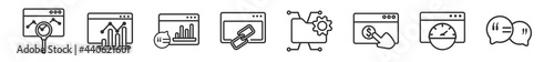 outline set of search engine optimization line icons. linear vector icons such as monitoring, ranking, graphic, link, sha folder, speech bubbles. vector illustration.