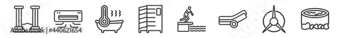 outline set of sauna line icons. linear vector icons such as roman bath, air cooling, warming-up time, infra heat cabin, adrenalin rush, asian bath. vector illustration.