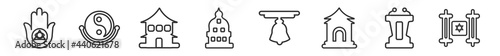 outline set of religion line icons. linear vector icons such as semitic neopaganism, taoism, temple, wat phrakaew, standing bell, torah. vector illustration.