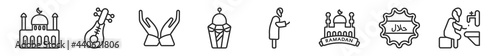 outline set of religion line icons. linear vector icons such as mosque and minaret, oud, muslim praying hands, arabian lantern, muslim man praying, wudu. vector illustration.