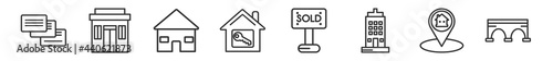 outline set of real estate line icons. linear vector icons such as slides, facade, house front view, tenant, sold, bridges. vector illustration.