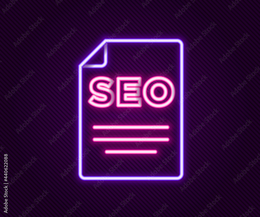 Glowing neon line SEO optimization icon isolated on black background. Colorful outline concept. Vector Glowing neon line SEO optimization icon isolated on black background. Colorful outline concept. Vector