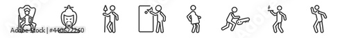 outline set of people line icons. linear vector icons such as king in his throne, chinese man, lance, man knocking a door, pregnant priority, man hearing. vector illustration.