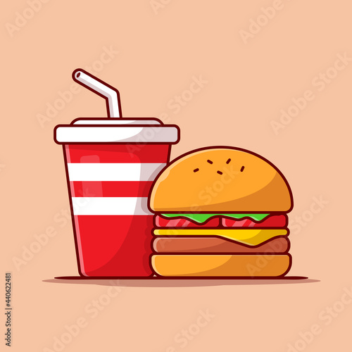 Burger And Soda Cartoon Vector Icon Illustration. Food And Drink Icon Concept Isolated Premium Vector. Flat Cartoon Style