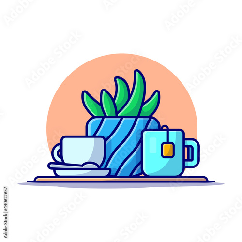 Hot Tea, coffee And Plant Cartoon Vector Icon Illustration. Food And Drink Icon Concept Isolated Premium Vector. Flat Cartoon Style