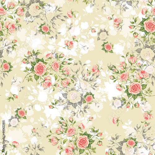 Abstract floral seamless pattern drawn on paper with paints vintage roses