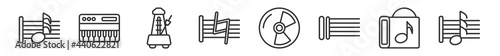 outline set of music and media line icons. linear vector icons such as sixteenth note, music keyboard, metronome, natural, dvd disc, thirty second note. vector illustration.