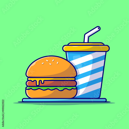 Burger And Soda Cartoon Vector Icon Illustration. Food And Drink Icon Concept Isolated Premium Vector. Flat Cartoon Style