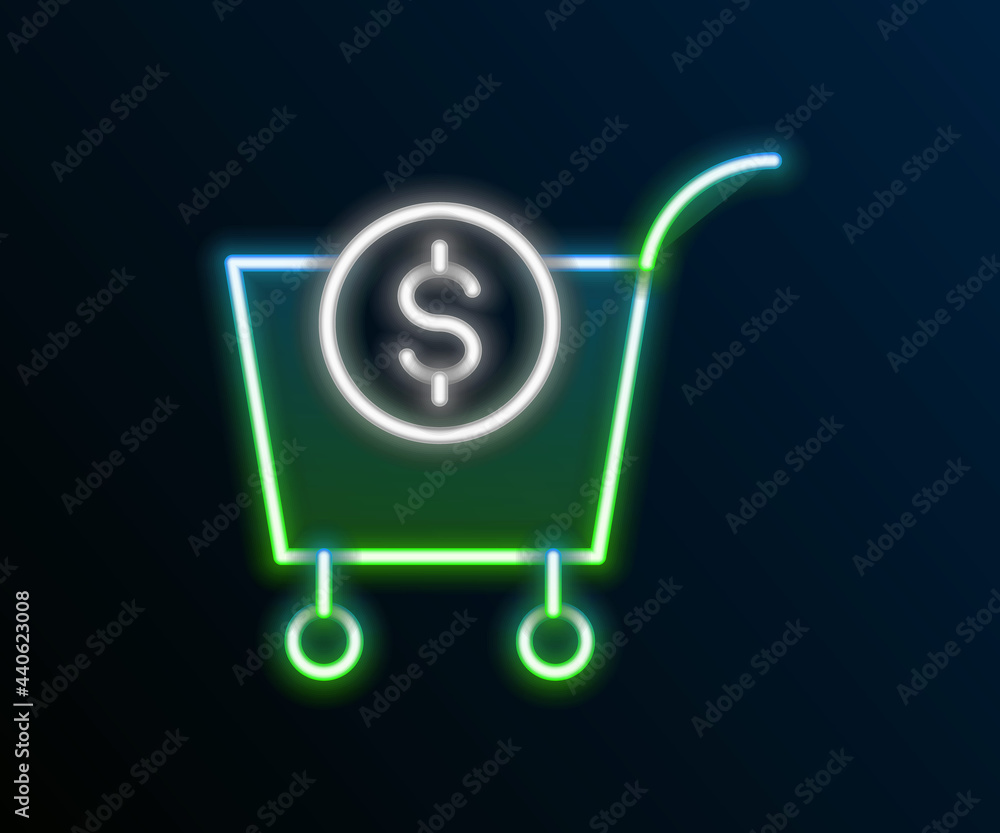 Glowing neon line Shopping cart and dollar symbol icon isolated on black background. Online buying concept. Delivery service. Supermarket basket. Colorful outline concept. Vector Glowing neon line Shopping cart and dollar symbol icon isolated on black background. Online buying concept. Delivery service. Supermarket basket. Colorful outline concept. Vector