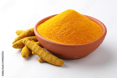 Indian spices, Turmeric powder or haldi powder Turmeric with roots 

