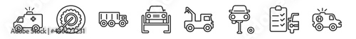 outline set of mechanicons line icons. linear vector icons such as big ambulance facing left, changing wheels tool, transportation truck, car repairing, car crane, cross car. vector illustration.