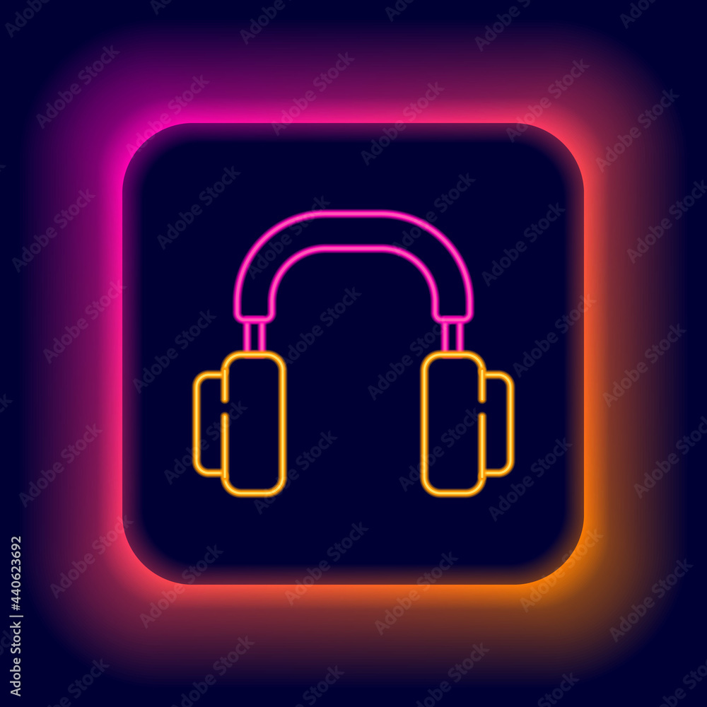 Glowing neon line Headphones icon isolated on black background. Earphones. Concept for listening to music, service, communication and operator. Colorful outline concept. Vector