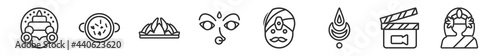 outline set of india line icons. linear vector icons such as kathakali, tikka masala, lotus temple, navratri, indian man, parvati. vector illustration.