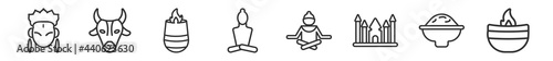 outline set of india line icons. linear vector icons such as krishna, indian cow, tandoori, buddhist, guru, diwali lamp. vector illustration.