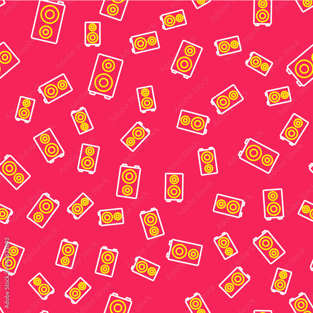 Line Stereo speaker icon isolated seamless pattern on red background. Sound system speakers. Music icon. Musical column speaker bass equipment. Vector Line Stereo speaker icon isolated seamless pattern on red background. Sound system speakers. Music icon. Musical column speaker bass equipment. Vector