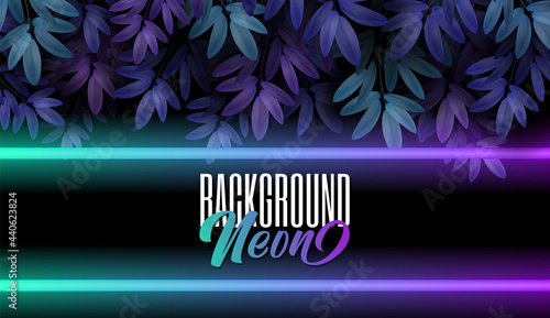 Summer night forest background. Dark blue and violet Tree leaves party design and neon light. suitable for flyer banner. Vector illustration.