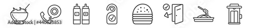 outline set of hotel line icons. linear vector icons such as salad, reservation, sauces, door hanger, cheese burger, elevator. vector illustration.